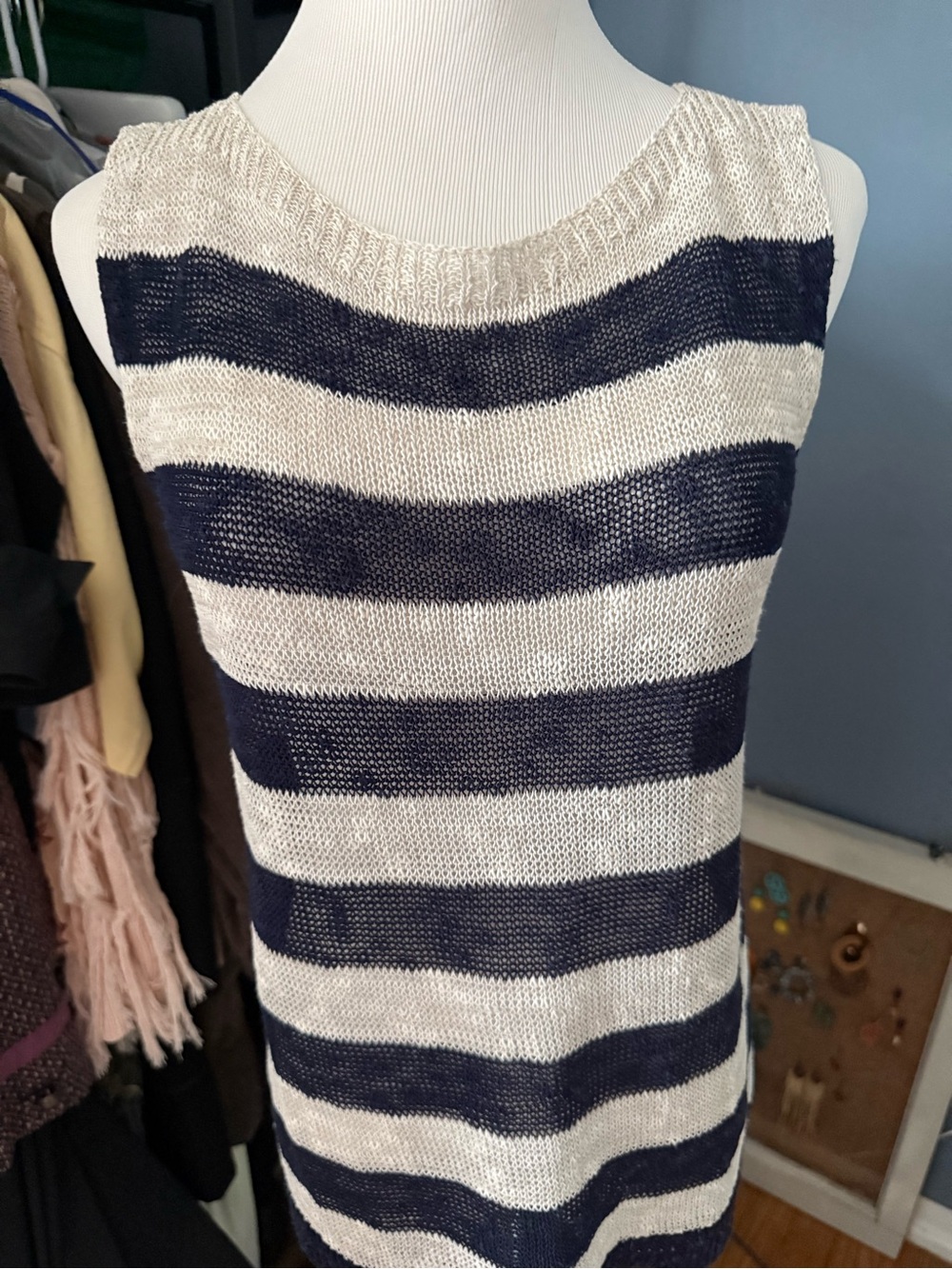 Eileen Fisher Navy and Ivory Striped Linen blend top